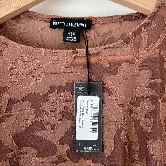Pretty Little Thing Mocha Floral Sheer Burnout Maxi Dress Long Sleeve NEW Sz 12 - Picture 5 of 9